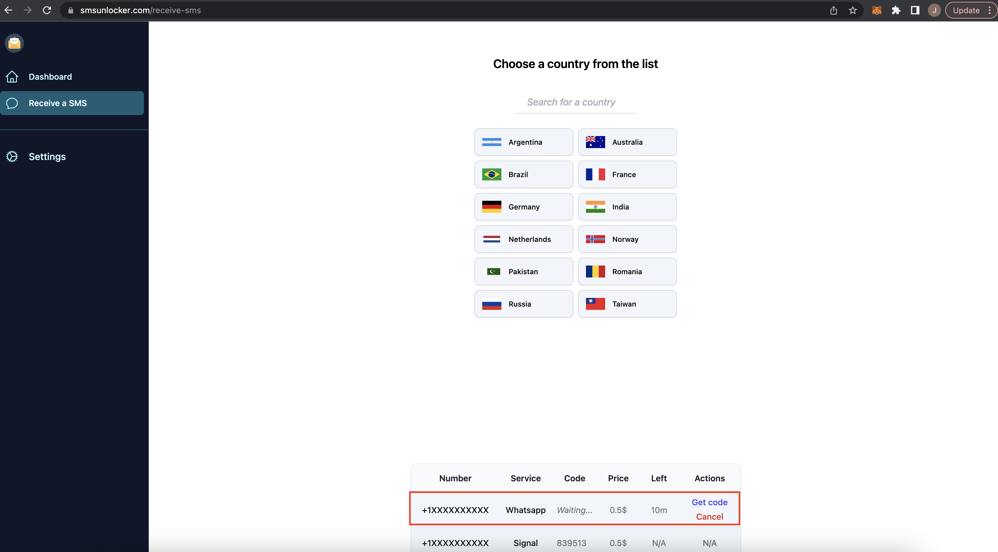 receive-sms-page-screenshot